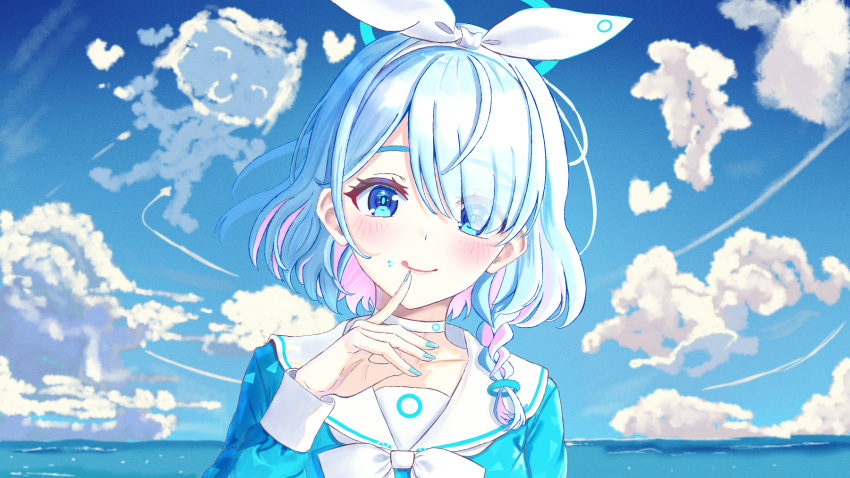 1girl :q aqua_nails arona_(blue_archive) blue_archive blue_eyes blue_hair blue_halo blue_shirt blue_sky blush braid choker clouds cloudy_sky colored_inner_hair commentary_request day finger_to_mouth food food_on_face hair_over_one_eye hair_ribbon halo hand_up highres index_finger_raised long_hair looking_at_viewer multicolored_hair neckerchief ocean outdoors pink_hair ribbon sailor_collar shirt short_hair side_braid sky smile solo tongue tongue_out upper_body white_choker white_neckerchief white_ribbon white_sailor_collar zea_(zeamilky)