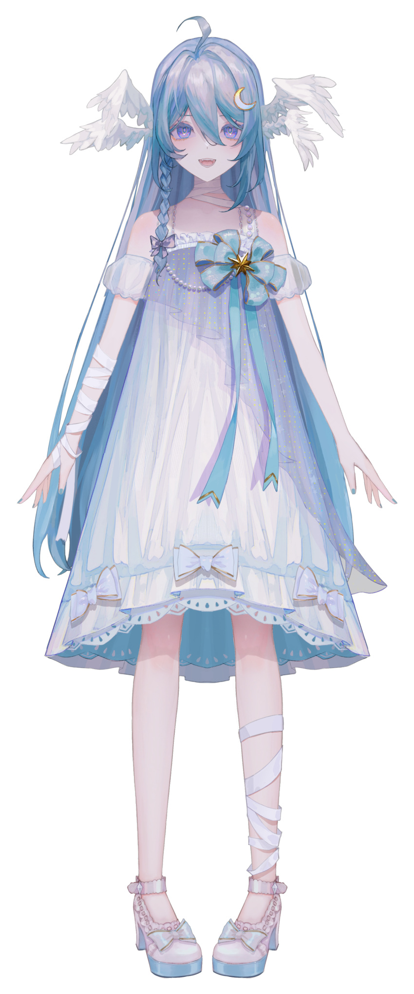 1girl :d absurdres ahoge bandaged_arm bandaged_leg bandaged_neck bandages bare_shoulders blue_hair blue_nails blue_ribbon bow braided_sidelock crescent crescent_hair_ornament dress dress_bow dress_ribbon flower footwear_bow full_body hair_between_eyes hair_bow hair_ornament head_wings high_heels highres huhu_fufu long_hair looking_at_viewer medium_dress multiple_wings off-shoulder_dress off_shoulder official_art pigeon-toed pink_flower puffy_short_sleeves puffy_sleeves purple_bow purple_dress ribbon see-through see-through_sleeves shanyan_yi'er short_sleeves smile solo standing stardust_project strap tachi-e teeth transparent_background trapeze_dress very_long_hair violet_eyes virtual_youtuber wings