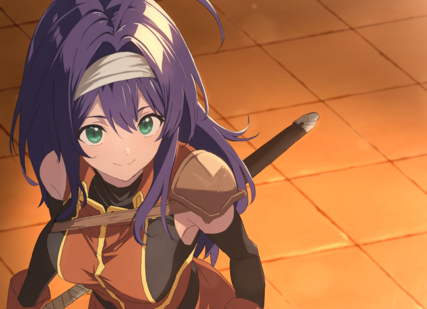 1girl ahoge ahonoko closed_mouth detached_sleeves dress fire_emblem fire_emblem:_path_of_radiance fire_emblem:_radiant_dawn gloves green_eyes hair_between_eyes hairband long_hair looking_at_viewer mia_(fire_emblem) orange_dress orange_gloves purple_hair single_bare_shoulder single_shoulder_pad smile upper_body white_hairband
