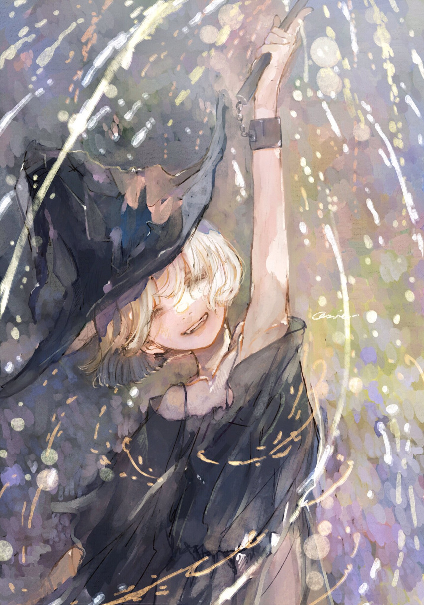 1girl arm_up bare_shoulders black_dress black_headwear blonde_hair closed_eyes commentary_request cuffs dress hat highres holding magic open_mouth orie_h original shackles short_hair signature sketch smile solo teeth upper_body witch witch_hat