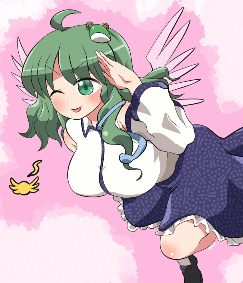 1girl ahoge bare_shoulders black_footwear blue_skirt blush detached_sleeves frilled_skirt frills frog_hair_ornament green_eyes green_hair hair_ornament highres japanese_clothes kochiya_sanae long_hair nontraditional_miko one_eye_closed open_mouth rokugou_daisuke shoes signature skirt smile snake_hair_ornament solo tongue tongue_out touhou unfinished_dream_of_all_living_ghost white_sleeves wide_sleeves wings