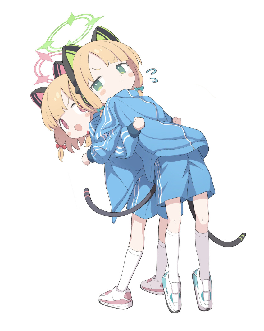 2girls absurdres animal_ear_headphones animal_ears assisted_stretching atat250 back-to-back blue_archive blue_jacket blue_shorts blush cat_ear_headphones closed_mouth fake_animal_ears flying_sweatdrops full_body green_eyes halo headphones highres jacket kneehighs locked_arms long_sleeves looking_at_viewer midori_(blue_archive) momoi_(blue_archive) multiple_girls open_mouth shoes shorts simple_background socks standing tail track_jacket white_background white_footwear white_socks