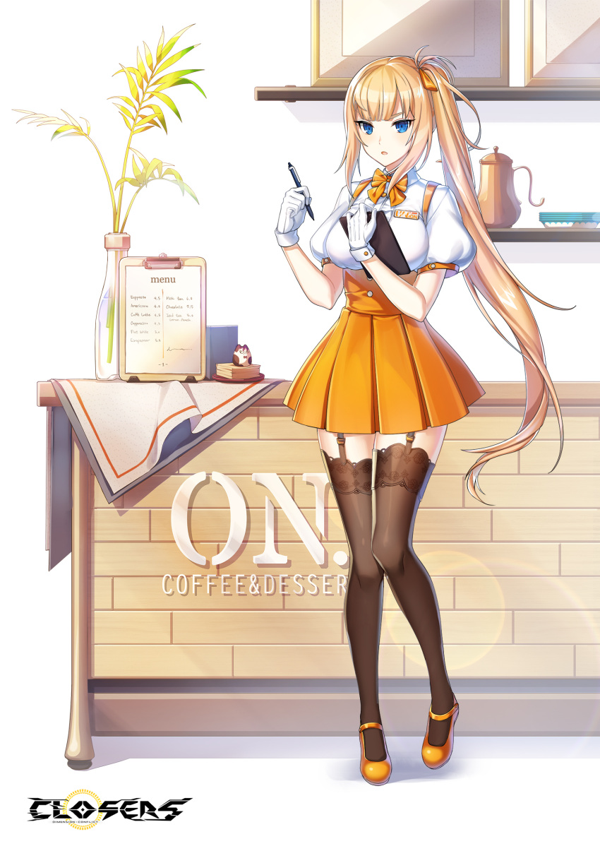 1girl :o alternate_hair_color badge blue_eyes bow bowtie breasts brown_thighhighs center_frills clipboard closers coffee_pot collared_shirt copyright_name counter frills full_body garter_straps gloves hair_bow hands_up heel_up high-waist_skirt highres holding holding_clipboard holding_pen knees_together_feet_apart lace-trimmed_thighhighs large_breasts leaf lens_flare lens_flare_abuse logo long_hair looking_at_viewer mary_janes menu miniskirt official_art orange_bow orange_bowtie orange_footwear orange_hair orange_skirt pen picture_frame plate plate_stack pleated_skirt ponytail puffy_short_sleeves puffy_sleeves shelf shirt shoes short_sleeves sidelocks skirt solo standing suspender_skirt suspenders thigh-highs underbust v-shaped_eyebrows vase very_long_hair violet_(closers) waitress white_background white_gloves white_shirt zettai_ryouiki