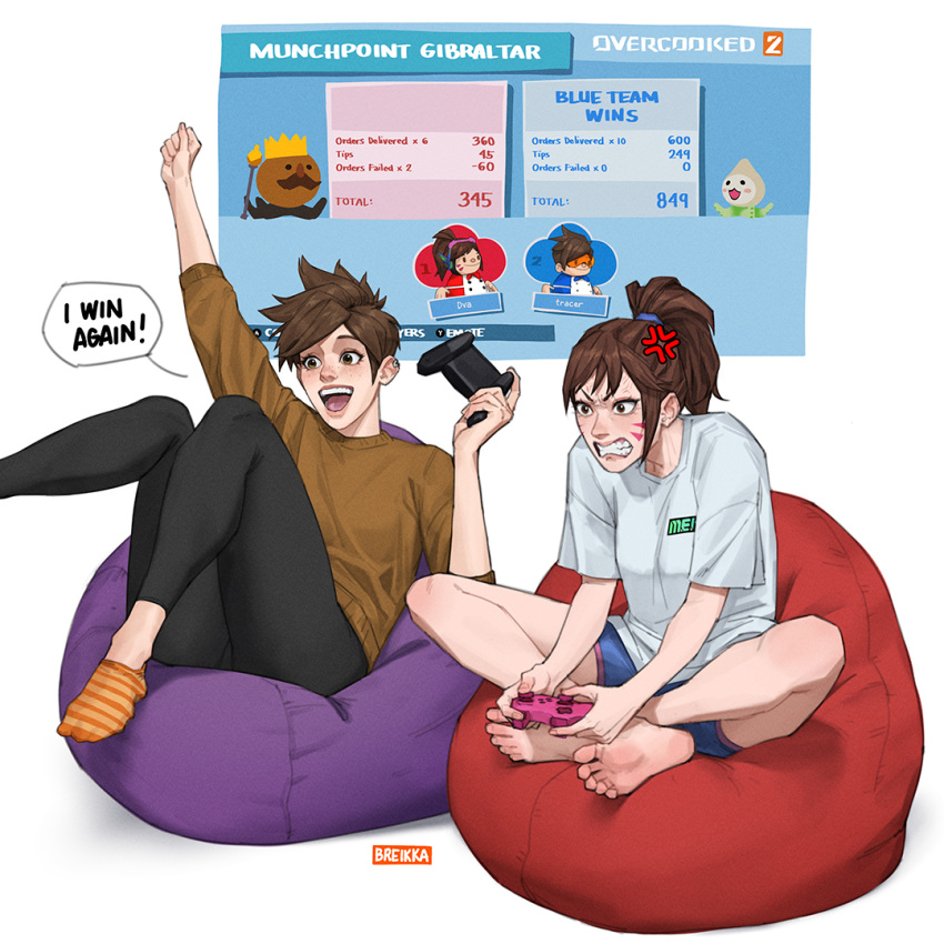 2girls alternate_costume anger_vein angry arm_up barefoot black_pants blue_shorts breikka brown_eyes brown_hair casual controller d.va_(overwatch) english_commentary english_text freckles game_controller happy high_ponytail multiple_girls open_mouth orange_socks overcooked overwatch overwatch_1 pachimari pants playing_games playstation_controller ponytail shirt short_hair shorts simple_background sitting socks sweat teeth toes tracer_(overwatch) upper_teeth_only white_background white_shirt
