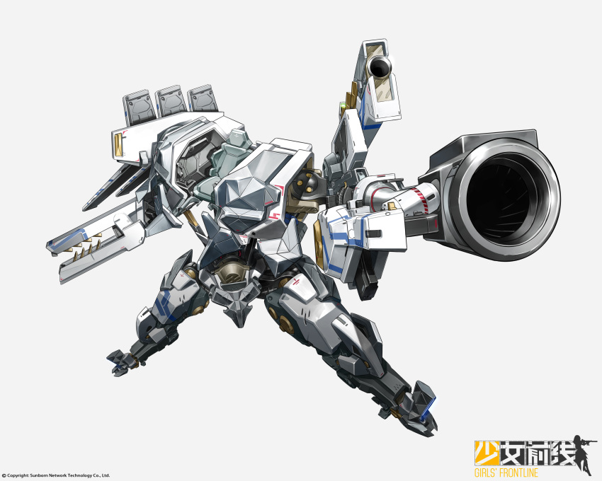 absurdres aiming aiming_at_viewer arm_cannon chinese_commentary english_commentary girls_frontline highres mecha mechanical_arms mechanical_legs mixed-language_commentary negasw no_humans official_art paradeus railgun robot science_fiction shoulder_cannon simple_background weapon white_armor white_background
