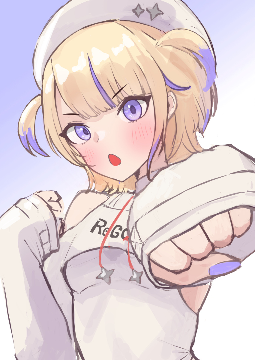 1girl :o absurdres blonde_hair blue_background blunt_bangs blush clenched_hands clothing_cutout gradient_background hand_up highres hololive hololive_regloss incoming_attack incoming_punch long_sleeves mitsuzaki_aya_(artist) multicolored_hair open_mouth punching purple_hair shoulder_cutout shrug_(clothing) sleeves_past_wrists streaked_hair turtleneck two-tone_hair two_side_up upper_body violet_eyes white_background white_headwear white_shrug