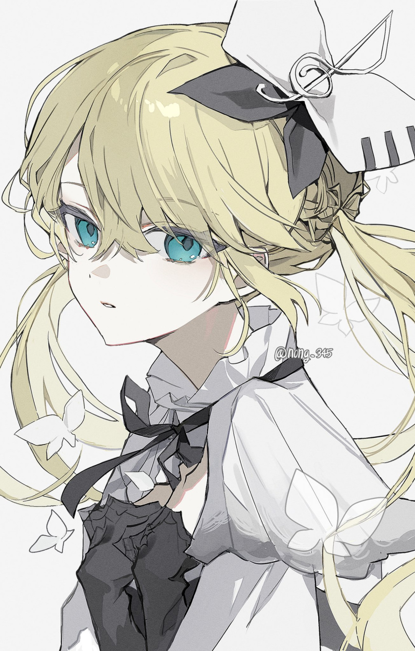 1girl 25-ji_rin aqua_eyes artist_name black_ribbon black_shirt blonde_hair braid close-up collar crossed_bangs expressionless frilled_collar frills hair_between_eyes hair_ornament hair_ribbon high_collar highres kagamine_rin looking_at_viewer musical_note musical_note_hair_ornament neck_ribbon nong_345 parted_lips portrait project_sekai ribbon sekai_ni_hibike!_your_song_(project_sekai) shirt sidelocks solo twintails vocaloid white_shirt
