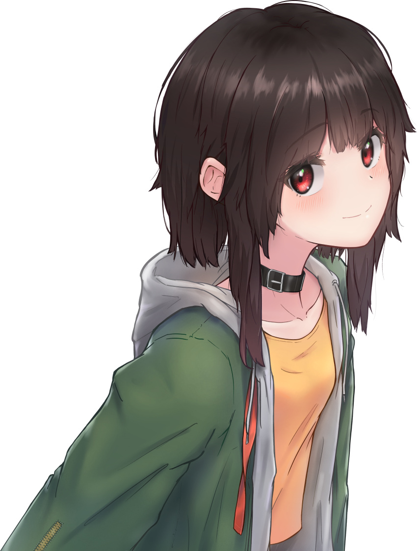 1girl absurdres alternate_costume blunt_bangs breasts brown_hair catharpoon choker closed_mouth ears_visible_through_hair highres jacket kono_subarashii_sekai_ni_shukufuku_wo! looking_at_viewer megumin open_clothes open_jacket short_hair short_hair_with_long_locks sidelocks small_breasts smile solo transparent_background upper_body