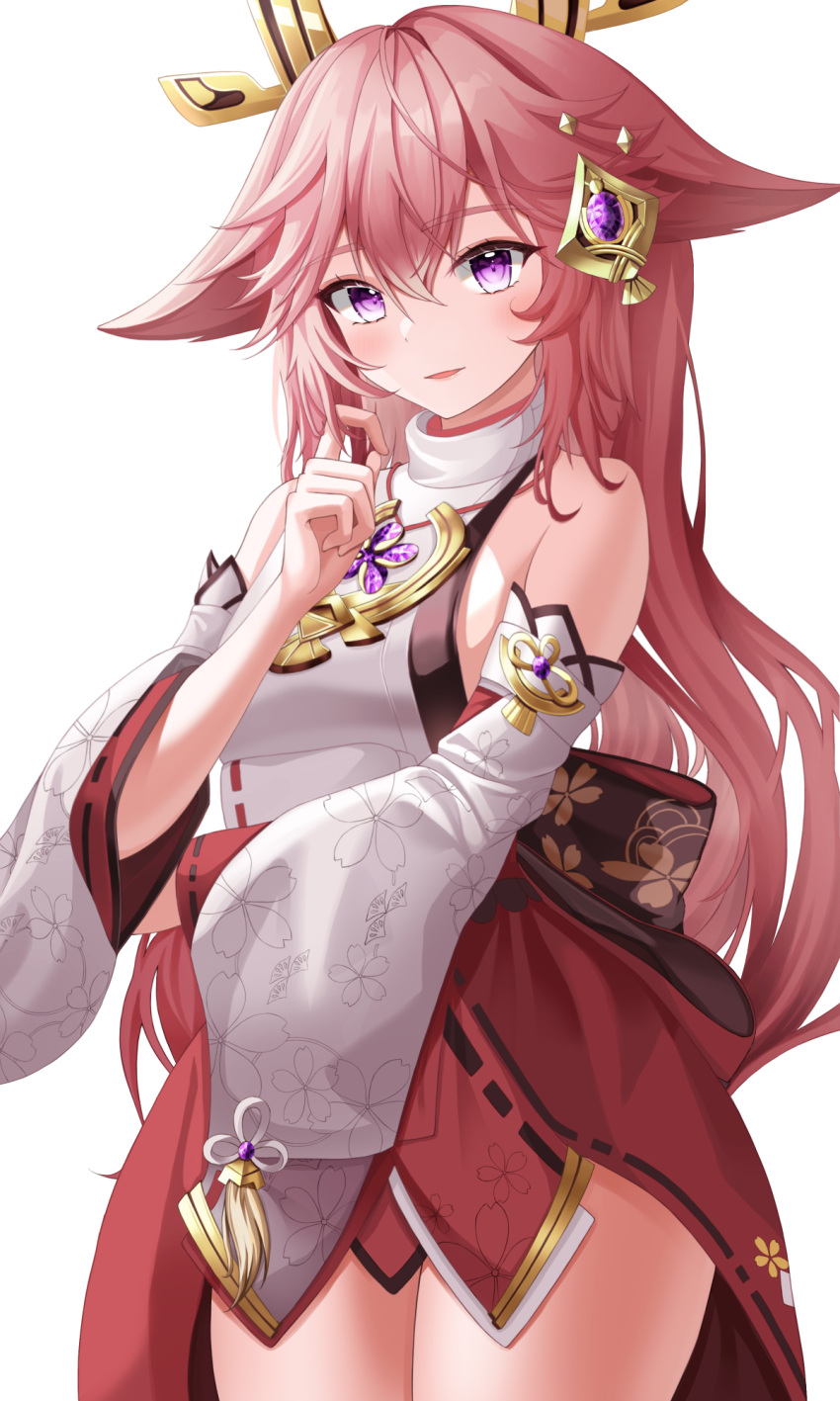 1girl animal_ears commentary_request detached_sleeves droopy_ears fox_ears genshin_impact hair_between_eyes hair_ornament highres jewelry long_hair long_sleeves looking_at_viewer necklace nersiyan nontraditional_miko parted_lips playing_with_own_hair ribbon-trimmed_sleeves ribbon_trim sidelocks simple_background solo vision_(genshin_impact) white_background wide_sleeves yae_miko