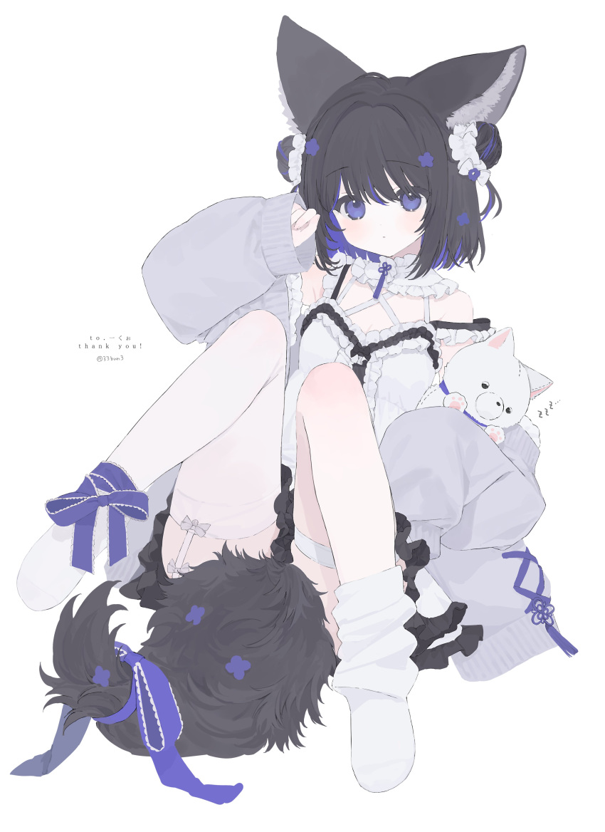 1girl 33bun3 :o absurdres animal animal_collar animal_ears asymmetrical_legwear black_hair bow bun_cover chinese_knot collar colored_inner_hair commission commissioner_name cross-laced_clothes dog dog_ears dog_girl dog_tail dot_nose double_bun dress frilled_dress frills full_body garter_straps hair_bun hand_to_head highres holding holding_animal holding_dog jacket leg_ribbon legs_up looking_at_viewer multicolored_hair off_shoulder open_clothes open_jacket original purple_hair ribbon simple_background single_loose_sock single_thighhigh skeb_commission sleeves_past_fingers sleeves_past_wrists solo tail tail_bow tail_ornament thank_you thigh-highs thigh_strap twitter_username two-tone_hair violet_eyes white_background white_thighhighs zzz