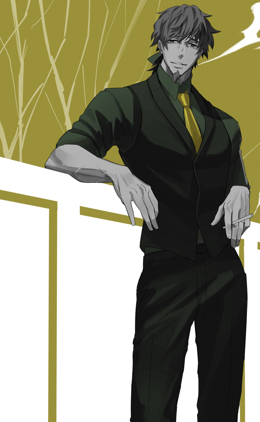 1boy absurdres against_wall bags_under_eyes between_fingers black_pants black_vest cigarette collared_shirt facial_hair fate/grand_order fate_(series) feet_out_of_frame goatee green_ribbon green_shirt hair_ribbon haruakira hector_(fate) highres holding holding_cigarette limited_palette male_focus mature_male necktie pants ponytail ribbon shirt smoking solo veins veiny_arms veiny_hands vest yellow_necktie