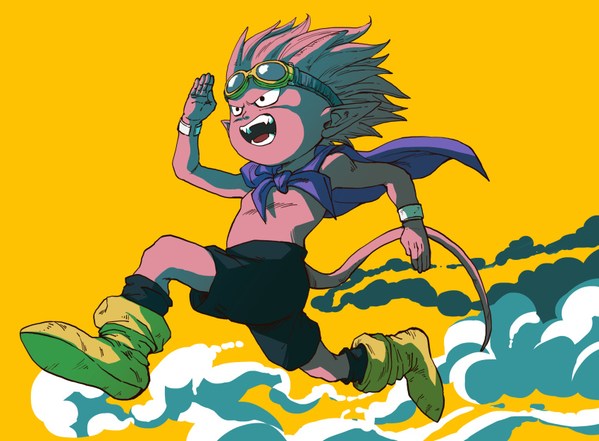 1boy beelzebub_(sand_land) black_shorts boots bracelet cape colored_skin commentary_request demon_boy goggles goggles_on_head highres horns jewelry kouji08250 looking_to_the_side male_focus open_mouth pink_skin pointy_ears purple_cape running sand_land shorts simple_background solo tail yellow_background yellow_footwear
