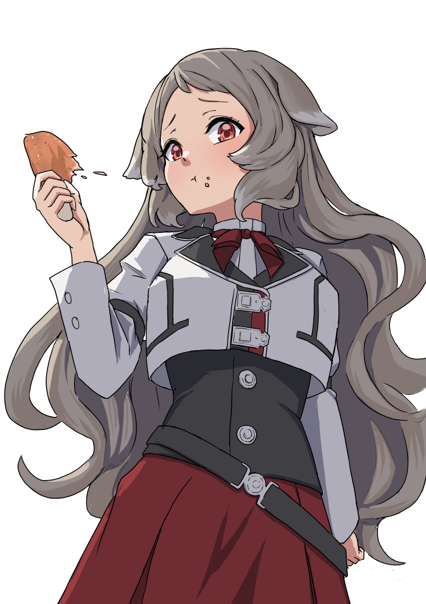 1girl absurdres animal_ears black_corset blazer brown_eyes buttons chicken_leg closed_mouth corset dog_ears dog_girl dress eating food grey_hair highres holding holding_food jacket long_hair long_sleeves looking_at_viewer meat messy_hair mushoku_tensei pleated_dress pursena_adoldia red_dress sidelocks simple_background solo syagare upper_body very_long_hair white_background