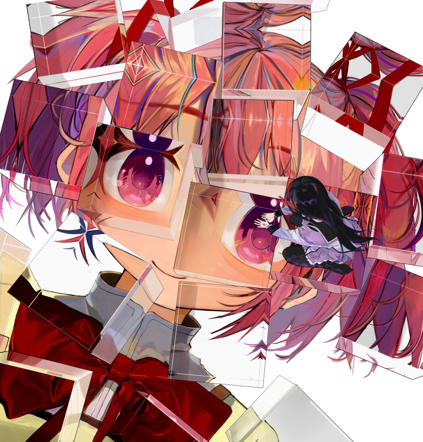 2girls absurdres akemi_homura argyle argyle_legwear black_hair cube from_above hairband hand_on_glass high_heels highres kaname_madoka long_hair looking_at_viewer looking_down mahou_shoujo_madoka_magica mihifu mitakihara_school_uniform multicolored_hair multiple_girls pantyhose perspective pink_eyes red_ribbon reflection refraction ribbon sailor_collar school_uniform size_difference smile soul_gem streaked_hair surreal symbolism transparent twintails very_long_hair white_background