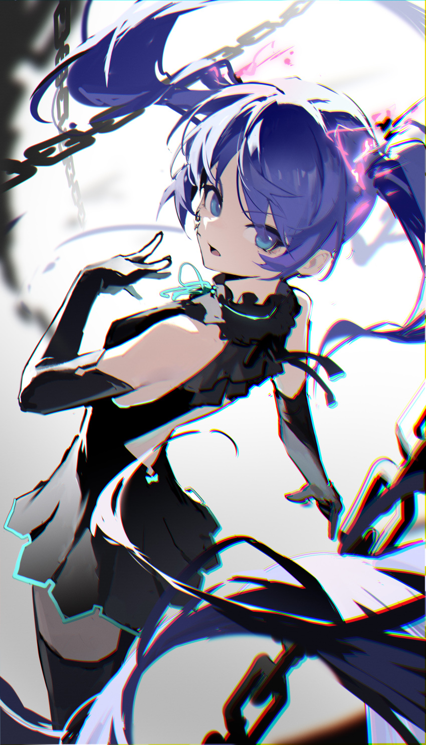 1girl absurdres back_cutout black_dress black_gloves black_thighhighs blue_eyes blue_hair blue_ribbon chain chromatic_aberration clothing_cutout commentary dress elbow_gloves floating_hair ghost_rule_(vocaloid) gloves hatsune_miku highres jiu_ye_sang long_hair looking_at_viewer looking_back neck_ribbon open_mouth pleated_dress ribbon short_dress sleeveless sleeveless_dress solo standing thigh-highs twintails very_long_hair vocaloid zettai_ryouiki