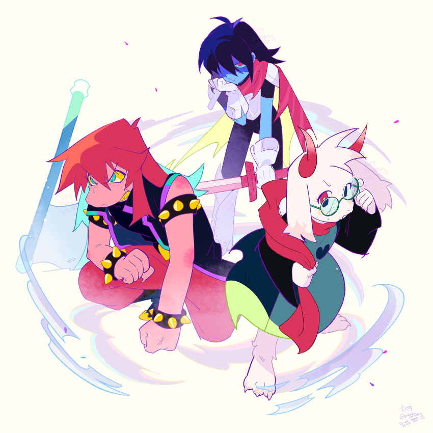 1boy 1girl 1other armor axe black_bodysuit black_hair blue_skin bodysuit clenched_teeth colored_sclera colored_skin commentary deltarune furry furry_female furry_male glasses gloves highres holding holding_sword holding_weapon horns kris_(deltarune) pants ralsei red_eyes redhead scarf senjochi_janai simple_background standing susie_(deltarune) sweat sword symbol-only_commentary teeth weapon white_gloves yellow_sclera