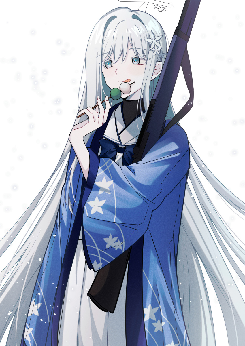1girl absurdres blue_archive commentary dango food grey_eyes grey_hair gun hair_between_eyes hair_ornament hairclip halo hanten_(clothes) highres holding holding_gun holding_skewer holding_weapon japanese_clothes long_hair long_sleeves looking_at_viewer nagusa_(blue_archive) pokarii_zuu rifle sanshoku_dango sidelocks simple_background skewer solo wagashi weapon white_background wide_sleeves