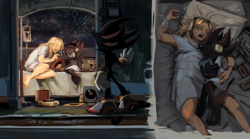 1boy 1girl animal_ears animal_nose bed blonde_hair closed_eyes commentary english_commentary furry furry_male gloves headphones highres holding intravenous_drip iv_stand long_hair maria_robotnik open_mouth phonograph rat_riot shadow_the_hedgehog shoes sitting sleeping smile sonic_(series) sonic_adventure_2 standing tail white_gloves