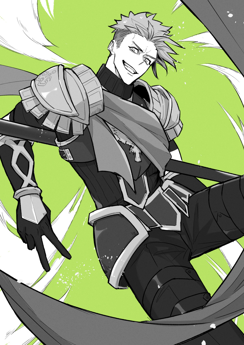 1boy absurdres achilles_(fate) armor fate/grand_order fate_(series) feet_out_of_frame furrowed_brow gauntlets green_background greyscale_with_colored_background grin haruakira highres male_focus mature_male polearm_behind_back sash short_hair shoulder_armor simple_background smile solo undercut v