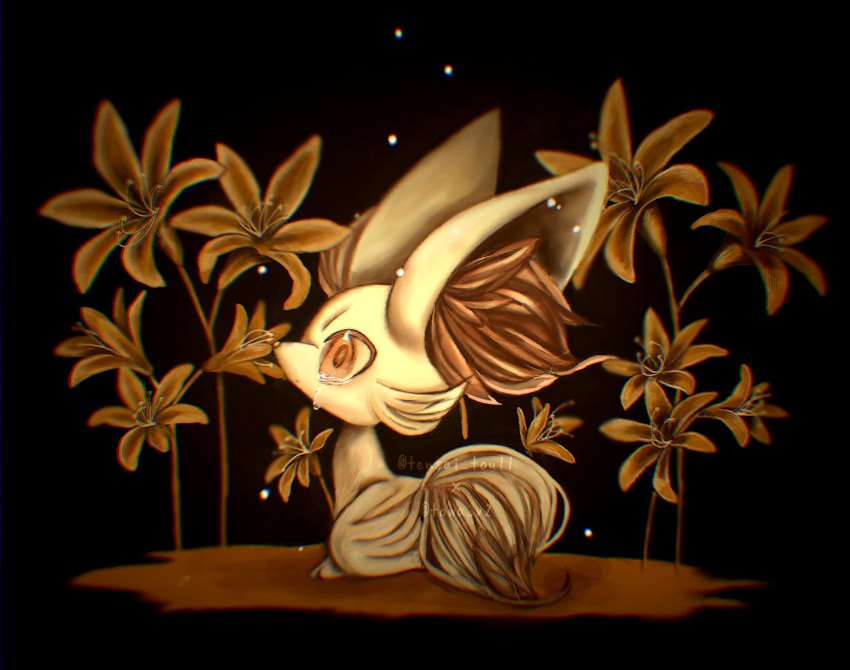 animal_ear_fluff animal_focus artist_name black_background chromatic_aberration closed_mouth commentary_request crying fennekin flower fox from_side full_body highres light_particles lily_(flower) looking_to_the_side looking_up monochrome no_humans pokemon pokemon_(creature) profile red_eyes sad signature sitting solo tears tensaitou_tou twitter_username