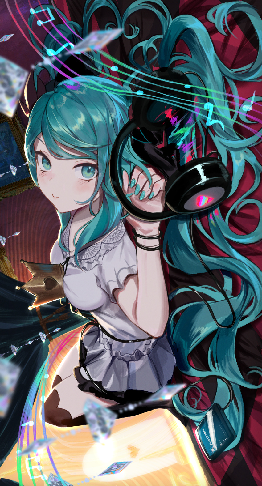 1girl absurdres adamosina beamed_eighth_notes blurry blurry_foreground breasts brown_thighhighs cellphone closed_mouth collared_shirt commentary crown depth_of_field dutch_angle eighth_note english_commentary green_eyes green_hair green_nails grey_skirt hatsune_miku headphones headphones_removed highres knees_up long_hair looking_at_viewer lying medium_breasts mini_crown musical_note nail_polish on_back over-kneehighs phone pleated_skirt quarter_note shirt short_sleeves skirt smile solo song_name thigh-highs very_long_hair vocaloid white_shirt world_is_mine_(vocaloid)
