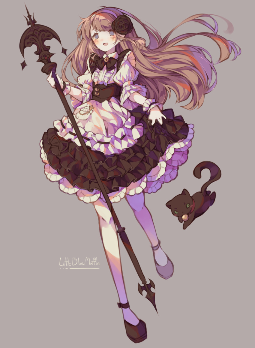 1girl apron artist_name bell black_bow black_bowtie black_cat black_corset black_flower black_footwear black_rose black_skirt black_sleeves black_wrist_cuffs blue_eyes blush blush_stickers bow bowtie brown_hair cat center_frills clothes_lift collar collared_shirt corset english_commentary eyelashes final_fantasy final_fantasy_xiv flower frilled_apron frilled_sleeves frilled_wrist_cuffs frills full_body grey_background hair_flower hair_lift hair_ornament hairband highres holding holding_staff jingle_bell lace lace-trimmed_skirt lace_trim layered_sleeves leg_up lifted_by_self littlebluemuffin long_hair long_sleeves looking_ahead maid miniskirt open_mouth painttool_sai_(medium) pink_hairband pocket puffy_long_sleeves puffy_sleeves red_collar ribbon-trimmed_apron ribbon_trim rose shirt shoes short_over_long_sleeves short_sleeves skirt skirt_lift sleeve_garter sleeves_past_elbows smile staff two-tone_sleeves waist_apron warrior_of_light_(ff14) white_apron white_shirt white_sleeves