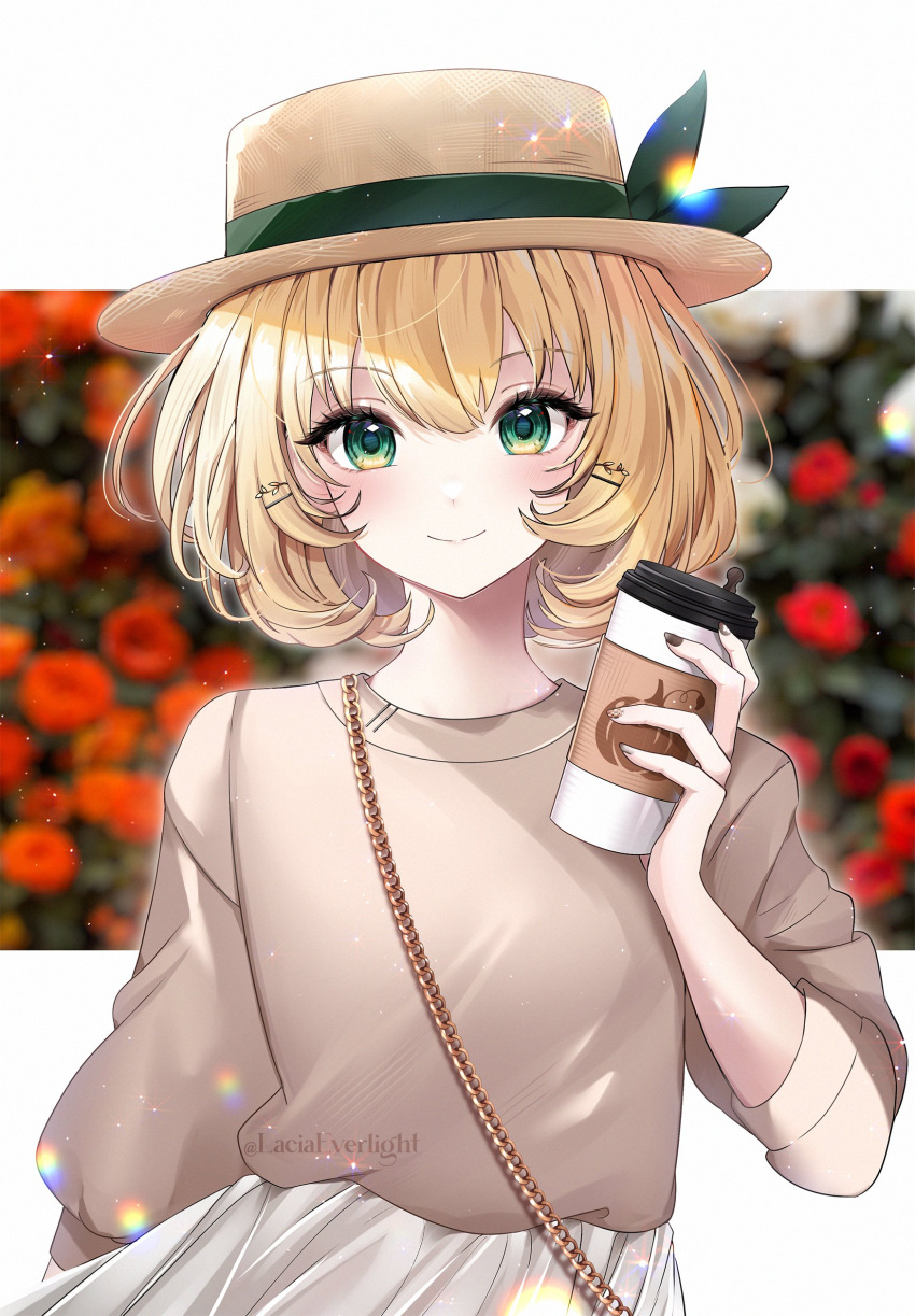 1girl absurdres alternate_costume blonde_hair brown_sweater commentary cup disposable_cup english_commentary green_eyes hair_ornament hairclip hat highres holding holding_cup lacia_everlight looking_at_viewer millie_parfait nijisanji nijisanji_en short_hair skirt smile solo sweater virtual_youtuber white_skirt