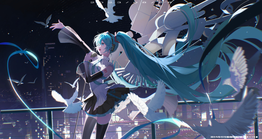 1girl :d absurdres aqua_eyes aqua_hair aqua_ribbon bird black_skirt black_sleeves black_thighhighs building commentary dated detached_sleeves dove feet_out_of_frame from_side hair_between_eyes hatsune_miku headphones highres holding holding_microphone long_hair mechanical_wings microphone open_mouth outstretched_arm railing ribbon shirt skirt skyscraper sleeveless sleeveless_shirt smile solo symbol-only_commentary thigh-highs twintails very_long_hair vocaloid white_shirt wings xianyu_guguzi