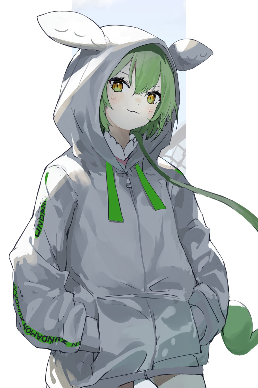 1girl :3 commentary_request cowboy_shot green_hair hair_between_eyes hands_in_pockets highres hood hood_up hooded_jacket jacket long_sleeves looking_at_viewer orange_eyes pocche-ex solo voicevox white_jacket zundamon