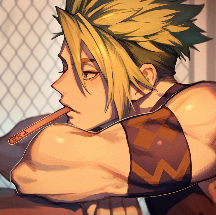 1boy absurdres achilles_(fate) armband brown_eyes brown_theme crossed_arms eyelashes fate/apocrypha fate_(series) food_in_mouth green_hair hair_between_eyes haruakira highres indoors leaning_on_table male_focus mature_male muscular muscular_male popsicle_in_mouth short_hair solo spiky_hair undercut window