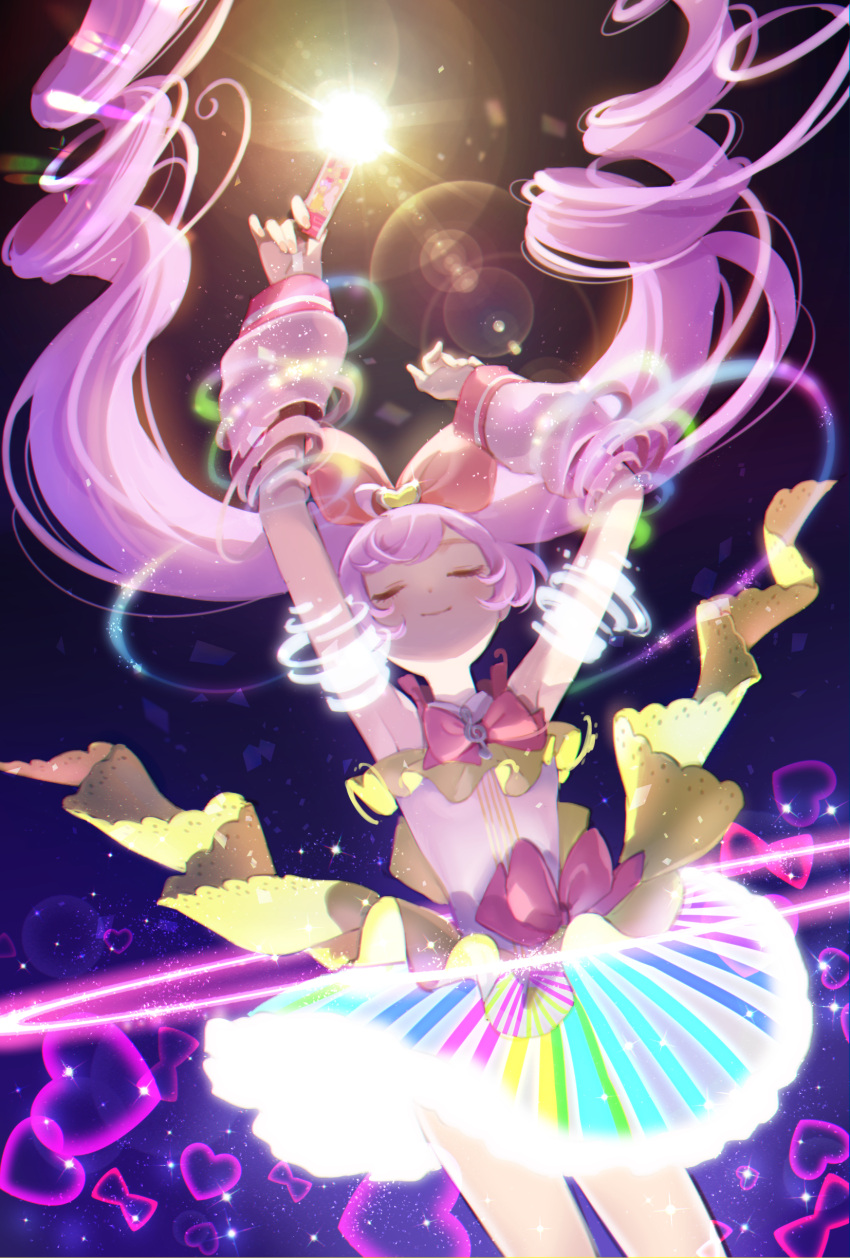 1girl absurdres ahoge arms_up blue_background bow closed_eyes closed_mouth coattails commentary_request cowboy_shot dress facing_viewer floating_clothes floating_hair glowing hair_bow heart henshin highres holding holding_microphone lens_flare light_purple_hair long_hair manaka_lala microphone multicolored_clothes multicolored_dress o4ritarou pink_bow pretty_(series) pripara short_dress sleeveless sleeveless_dress smile solo standing treble_clef twintails very_long_hair waist_bow