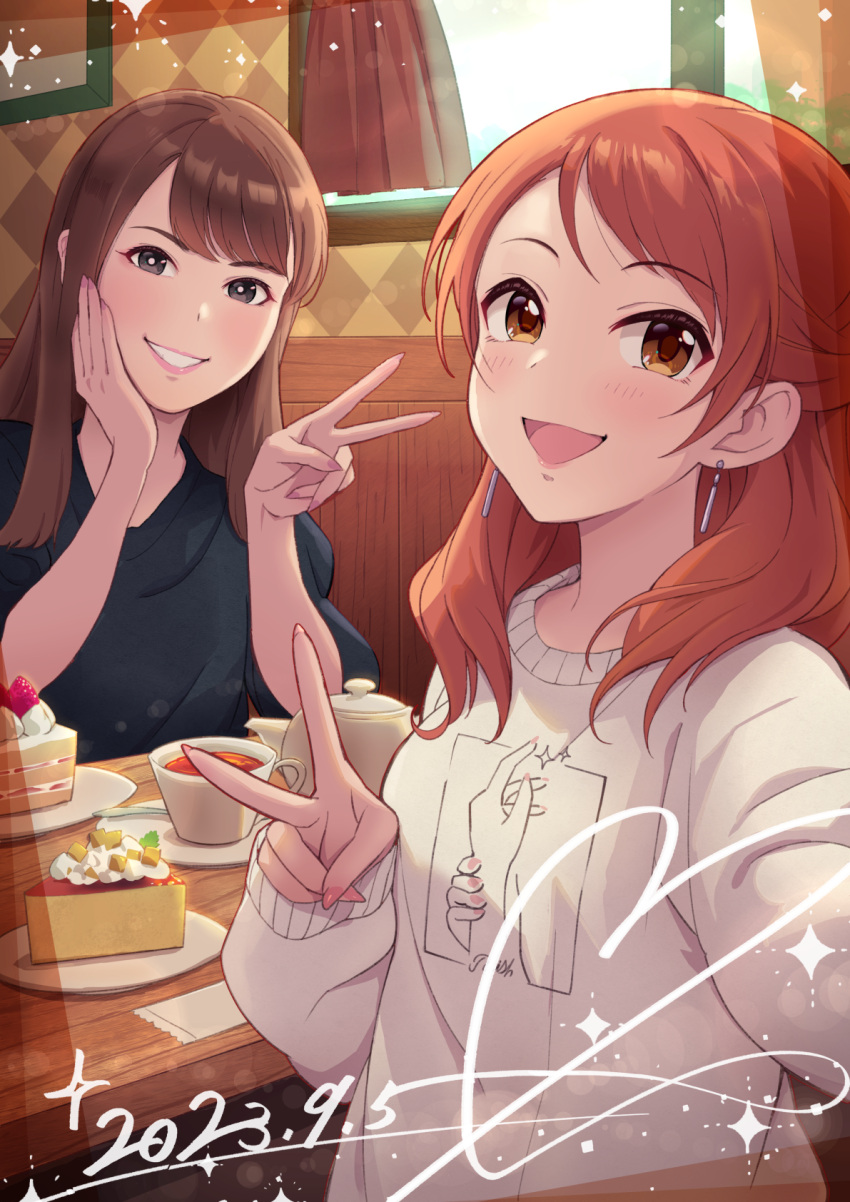 2girls black_eyes black_sweater breasts bright_pupils brown_eyes brown_hair cake cake_slice cup curtains dated dated_commentary earrings food fuchigami_mai grin hand_on_own_cheek hand_on_own_face hand_up head_rest highres hojo_karen idolmaster idolmaster_cinderella_girls indoors jewelry looking_at_viewer manicure medium_breasts monza multiple_girls nail_polish open_mouth orange_hair pink_nails real_life selfie smile sweater table teacup teapot teeth v voice_actor white_pupils white_sweater window
