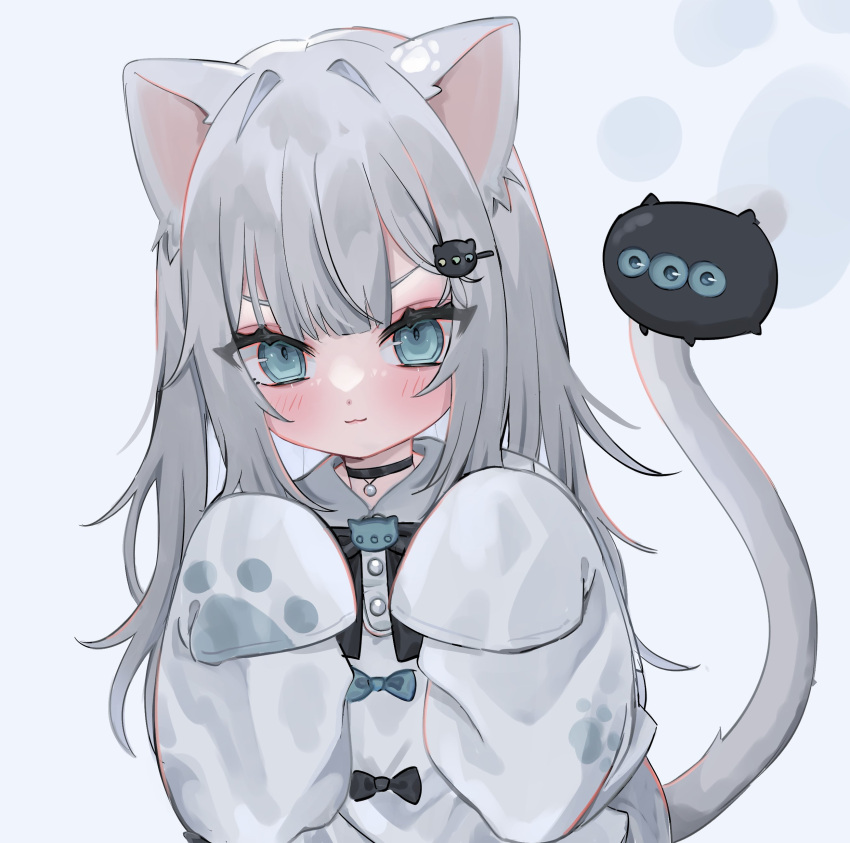 &gt;:) 1_(z_tsubou) 1girl :3 absurdres animal_ears cat_ears cat_girl cat_tail dress grey_hair hair_ornament hairclip highres indie_virtual_youtuber long_hair long_sleeves looking_at_viewer nachoneko paw_pose sleeves_past_fingers sleeves_past_wrists tail v-shaped_eyebrows virtual_youtuber white_dress