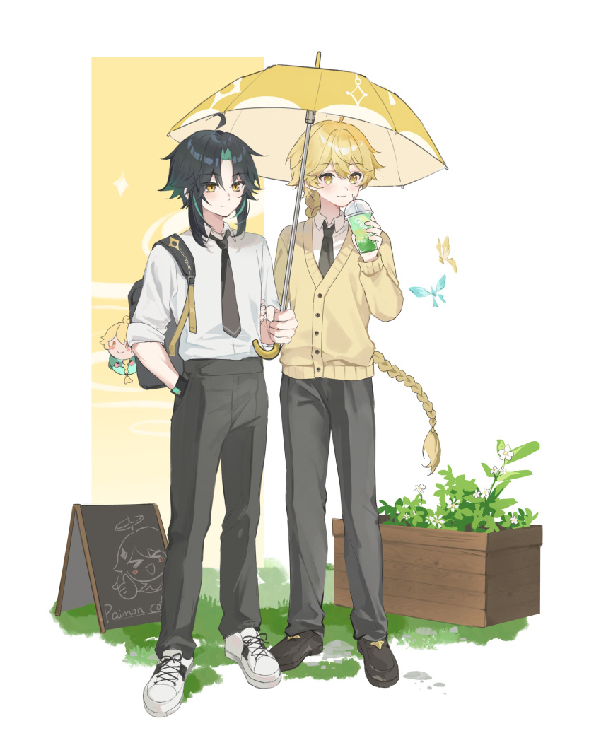 2boys absurdres aether_(genshin_impact) alternate_costume backpack bag black_bag black_hair black_necktie blonde_hair braid character_doll closed_mouth cup genshin_impact green_hair grey_pants hair_between_eyes highres holding holding_cup holding_umbrella jewelry long_hair long_sleeves male_focus multicolored_hair multiple_boys necktie paimon_(genshin_impact) pants plant school_uniform shirt smile sweater umbrella white_shirt xiao_(genshin_impact) yellow_eyes yellow_sweater yuki_(miyuki_kii)