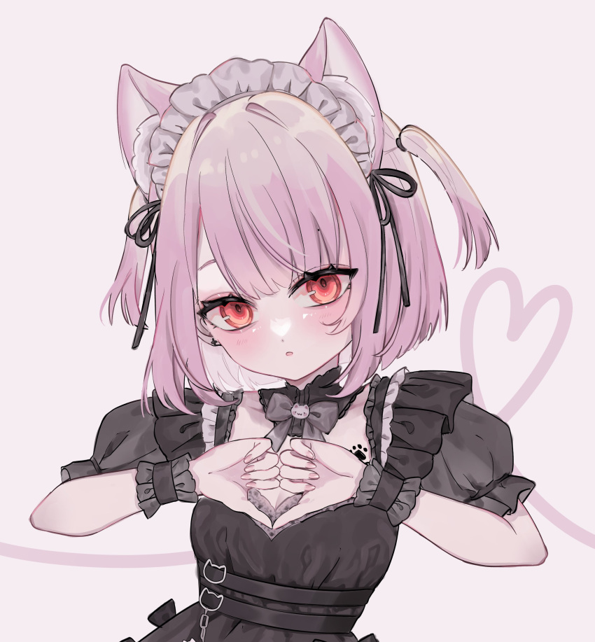 1_(z_tsubou) 1girl absurdres animal_ears black_dress cat_ears cat_girl dress extra_ears highres indie_virtual_youtuber looking_at_viewer maid maid_headdress mikeneko_(utaite) parted_lips pink_hair puffy_short_sleeves puffy_sleeves red_eyes short_hair short_sleeves two_side_up wrist_cuffs
