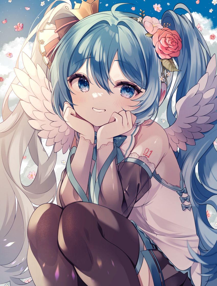 1girl ahoge black_skirt black_sleeves black_thighhighs blue_eyes blue_hair blue_sky blush breasts clouds commentary_request crown day detached_sleeves feathered_wings feet_out_of_frame flower grin hair_between_eyes hair_flower hair_intakes hair_ornament hands_up hatsune_miku highres knees_up long_hair long_sleeves mini_crown petals pink_flower pleated_skirt red_flower red_rose rose see-through see-through_sleeves shirt skirt sky sleeveless sleeveless_shirt small_breasts smile solo squatting thigh-highs twintails very_long_hair vocaloid white_shirt white_wings wide_sleeves wings yuni_(irohasuiroiro)