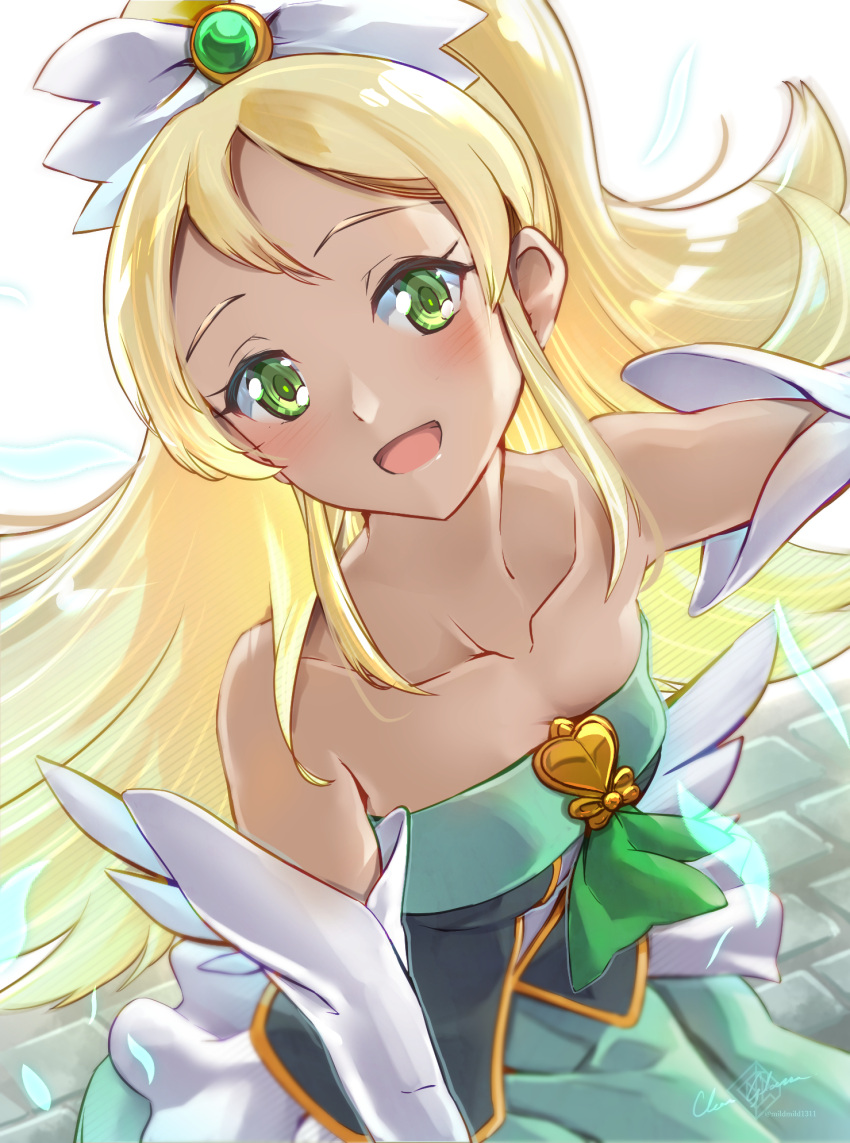 1girl bare_shoulders blonde_hair breasts brick_floor brooch clear_glass_(mildmild1311) collarbone dark_skin dress elbow_gloves gloves green_dress green_eyes hair_between_eyes hair_ornament happinesscharge_precure! heart heart_brooch highres jewelry long_hair looking_at_viewer magical_girl open_mouth precure small_breasts smile solo strapless strapless_dress unknown_green-haired_cure_(happinesscharge_precure!) upper_body