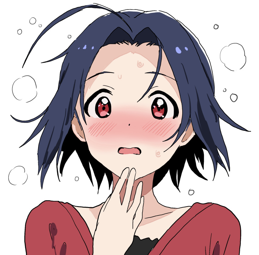 1girl ahoge black_shirt blue_hair blush collarbone dot_nose embarrassed flying_sweatdrops hand_up highres hitodama_(madatohi) idolmaster idolmaster_(classic) idolmaster_million_live! idolmaster_million_live!_theater_days jacket looking_at_viewer miura_azusa open_mouth portrait red_jacket shirt short_hair simple_background solo steam sweat wavy_mouth white_background