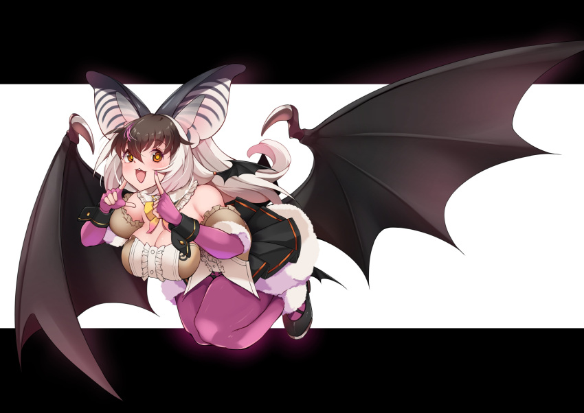 1girl absurdres akitsu_tombo animal_ears bat_ears bat_girl bat_wings brown_eyes brown_hair brown_long-eared_bat_(kemono_friends) elbow_gloves extra_ears fingerless_gloves gloves grey_hair highres kemono_friends kemono_friends_v_project leotard long_hair looking_at_viewer microphone pantyhose shoes simple_background skirt solo virtual_youtuber wings