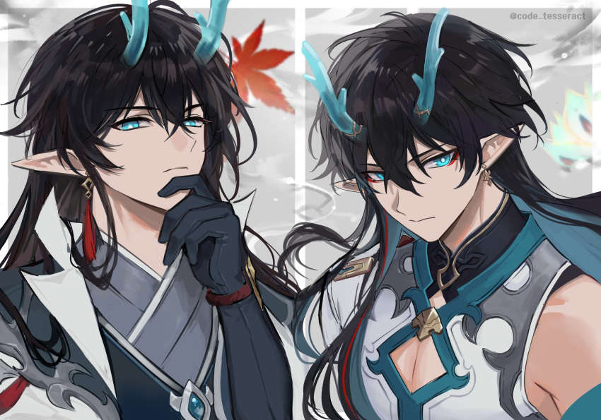 1boy aqua_hair bare_shoulders black_gloves black_hair chinese_clothes commentary dan_heng_(honkai:_star_rail) dan_heng_(imbibitor_lunae)_(honkai:_star_rail) dragon_boy dragon_horns dual_persona earrings eyeshadow fractalmagnolia gloves green_hair green_horns hair_between_eyes hand_on_own_chin highres honkai:_star_rail honkai_(series) horns jewelry leaf long_hair looking_at_viewer makeup male_focus maple_leaf multicolored_hair multiple_views official_alternate_costume official_alternate_hairstyle pectoral_cleavage pectorals pointy_ears red_eyeliner red_eyeshadow redhead single_earring streaked_hair symbol-only_commentary tassel tassel_earrings traditional_clothes upper_body