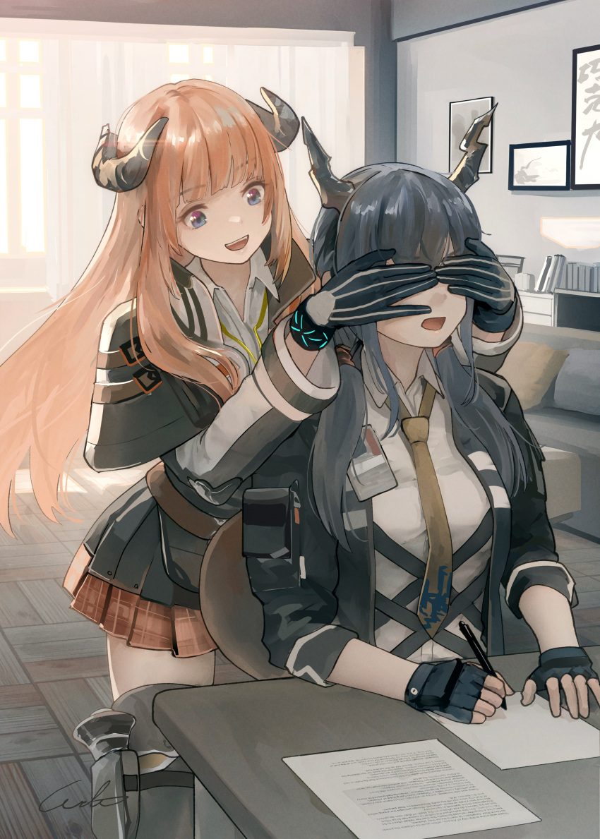 2girls absurdres arknights bagpipe_(arknights) blue_eyes blue_hair ch'en_(arknights) commentary covering_another's_eyes desk fingerless_gloves gloves guess_who highres horns indoors infection_monitor_(arknights) multiple_girls orange_hair pen pleated_skirt sitting skirt welt_(kinsei_koutenkyoku)