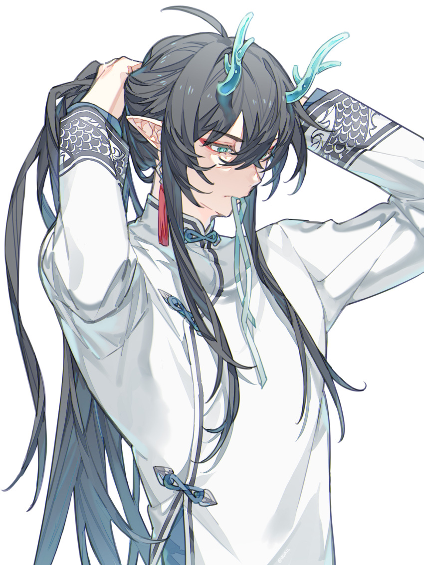 1boy alternate_costume anchun_(quail0503) aqua_eyes aqua_ribbon arms_up black_hair chinese_clothes closed_mouth dan_heng_(honkai:_star_rail) dan_heng_(imbibitor_lunae)_(honkai:_star_rail) dragon_boy dragon_horns earrings eyeshadow green_horns hair_between_eyes hair_ribbon highres honkai:_star_rail honkai_(series) horns jewelry long_hair long_sleeves makeup male_focus mouth_hold official_alternate_hairstyle pointy_ears ponytail red_eyeliner red_eyeshadow ribbon ribbon_in_mouth simple_background single_earring solo tassel tassel_earrings traditional_clothes tying_hair upper_body very_long_hair white_background