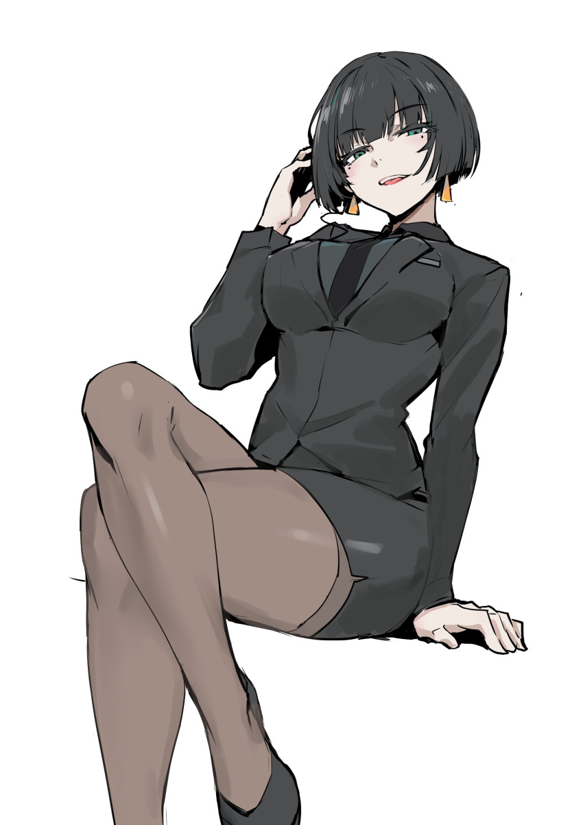 1girl adjusting_hair allmind_(armored_core_6) arm_support armored_core black_eyes black_hair black_necktie breasts crossed_legs earrings highres jewelry large_breasts las91214 necktie pencil_skirt skirt smirk solo tsurime white_background