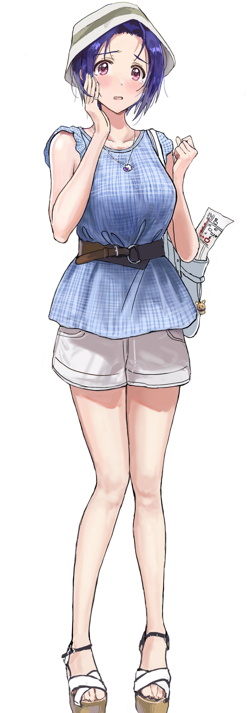 1girl absurdres animal_keychain bag bare_shoulders belt blue_hair blue_shirt blush breasts brown_belt clenched_hand collarbone dot_nose full_body hand_on_own_face hands_up hat highres hitodama_(madatohi) idolmaster idolmaster_(classic) idolmaster_million_live! idolmaster_million_live!_theater_days jewelry large_breasts looking_at_viewer lost_child map miura_azusa open_hand open_mouth pigeon-toed red_eyes ring sandals shirt short_hair shorts shoulder_bag simple_background sleeveless sleeveless_shirt solo standing tears toes white_background white_headwear white_shorts