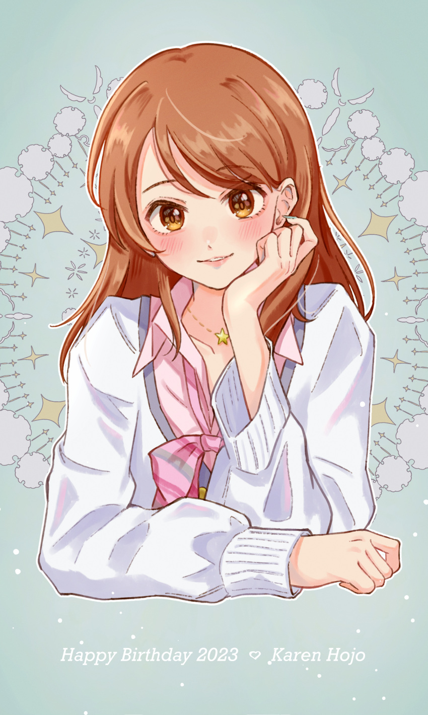 1girl absurdres blush bow bowtie cardigan character_name collarbone cropped_torso hand_on_own_cheek hand_on_own_face happy_birthday highres hojo_karen idolmaster idolmaster_cinderella_girls light_smile long_sleeves looking_at_viewer loose_bowtie open_collar orange_hair pink_bow pink_bowtie pink_shirt sagra school_uniform shirt smile solo upper_body white_cardigan