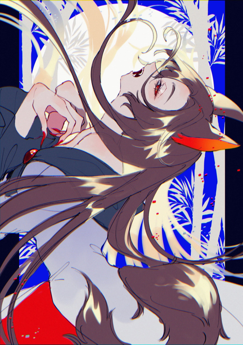 1girl absurdres animal_ears brown_hair dress fingernails highres imaizumi_kagerou katai_(nekoneko0720) long_fingernails long_hair long_sleeves nail_polish one-hour_drawing_challenge open_mouth red_dress red_eyes red_nails sharp_fingernails solo tail touhou white_dress wide_sleeves wolf_ears wolf_tail