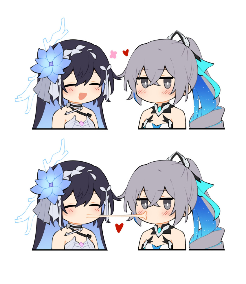 2girls :d armor bare_shoulders blush breasts bronya_zaychik bronya_zaychik_(herrscher_of_truth) chibi closed_mouth colored_inner_hair commentary couple dress drill_hair flower grey_eyes grey_hair hair_flower hair_ornament happy heart high_ponytail highres honkai_(series) honkai_impact_3rd kiss looking_at_viewer multicolored_hair multiple_girls natsuki_(2917) no_mouth open_mouth parody ponytail seele_vollerei seele_vollerei_(herrscher_of_rebirth) simple_background single_drill small_breasts smile symbol-only_commentary upper_body white_armor white_background white_dress yuri