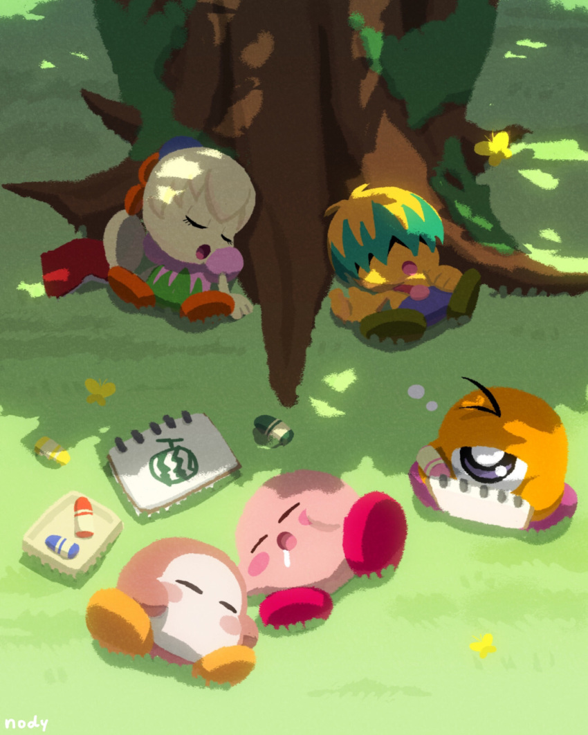 :o artist_name blonde_hair blush blush_stickers book brother_and_sister bug bun_(kirby) butterfly child's_drawing closed_eyes commentary_request crayon day drawing drooling eyelashes fumu_(kirby) grass green_hair hair_over_eyes highres kirby kirby:_right_back_at_ya kirby_(series) long_hair lying moss multicolored_hair nody_(nody_lowmoo) on_back on_grass one-eyed open_book open_mouth outdoors ponytail shade short_hair siblings sitting sketchbook sleeping tree tree_shade waddle_dee waddle_doo yawning yellow_butterfly