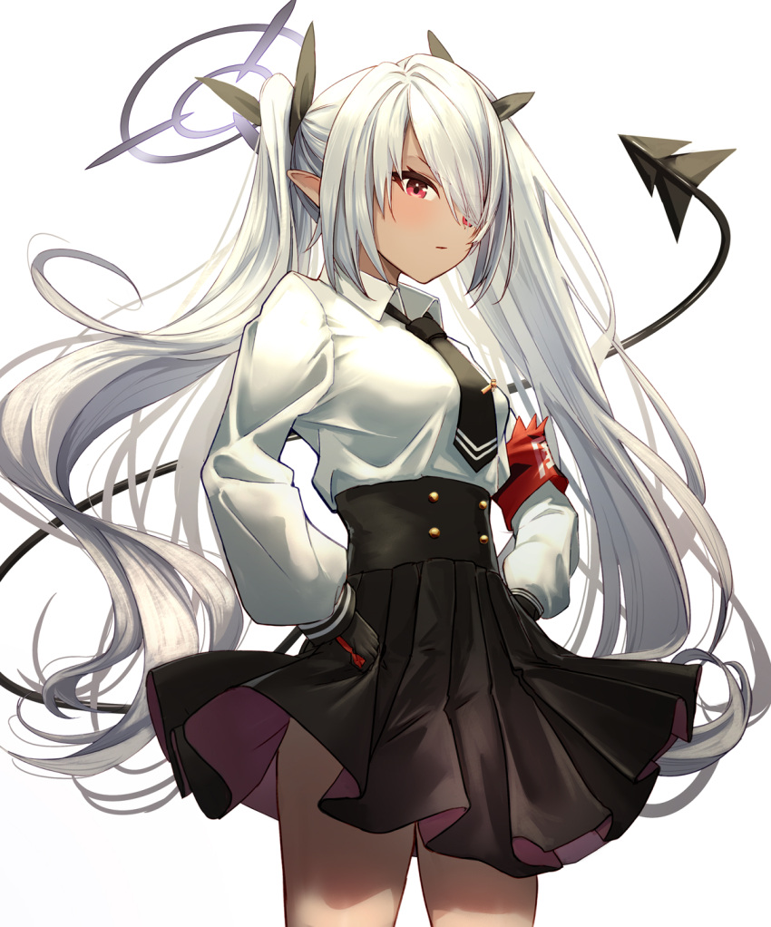 1girl armband black_gloves black_necktie black_skirt blue_archive collared_shirt commentary_request dark-skinned_female dark_skin dejio demon_girl demon_tail gloves hair_over_one_eye halo hands_on_own_hips high-waist_skirt highres iori_(blue_archive) long_bangs long_hair long_sleeves looking_at_viewer necktie pleated_skirt pointy_ears red_armband red_eyes school_uniform shirt sidelocks simple_background skirt solo tail twintails white_background white_hair