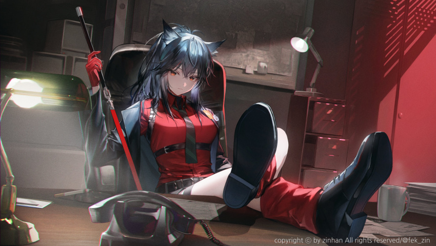 1girl absurdres animal_ears arknights ashtray belt black_belt black_footwear black_hair black_jacket black_nails black_shorts bulletin_board chair cigarette coffee_cup commentary copyright cup desk desk_lamp disposable_cup fek_zin file_cabinet gloves highres holding holding_sword holding_weapon indoors jacket lamp legs_on_table legs_up long_hair map necktie official_alternate_costume paper paper_stack phone red_eyes red_gloves red_shirt red_socks shirt shorts sitting smoke socks solo sword symbol-only_commentary texas_(arknights) texas_(willpower)_(arknights) thigh_strap twitter_username weapon wolf_ears wolf_girl